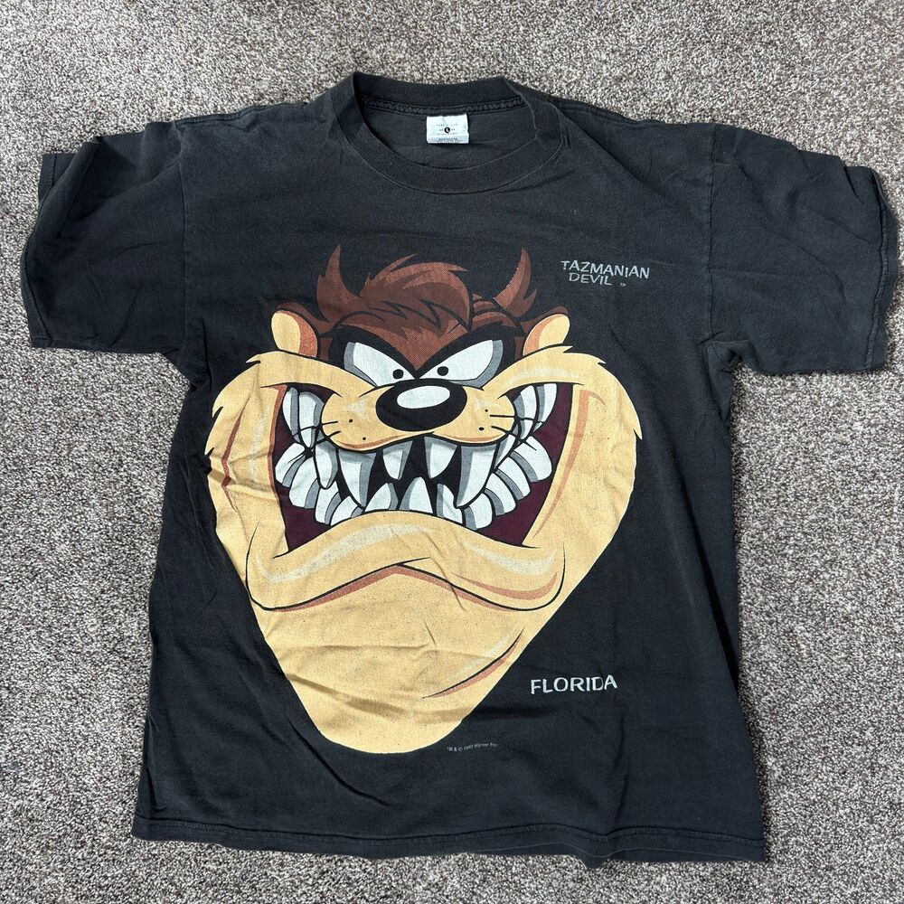 Vintage 1993 Taz Tasmanian Devil Big Face Florida T-Shirt Looney Tunes 90s Black